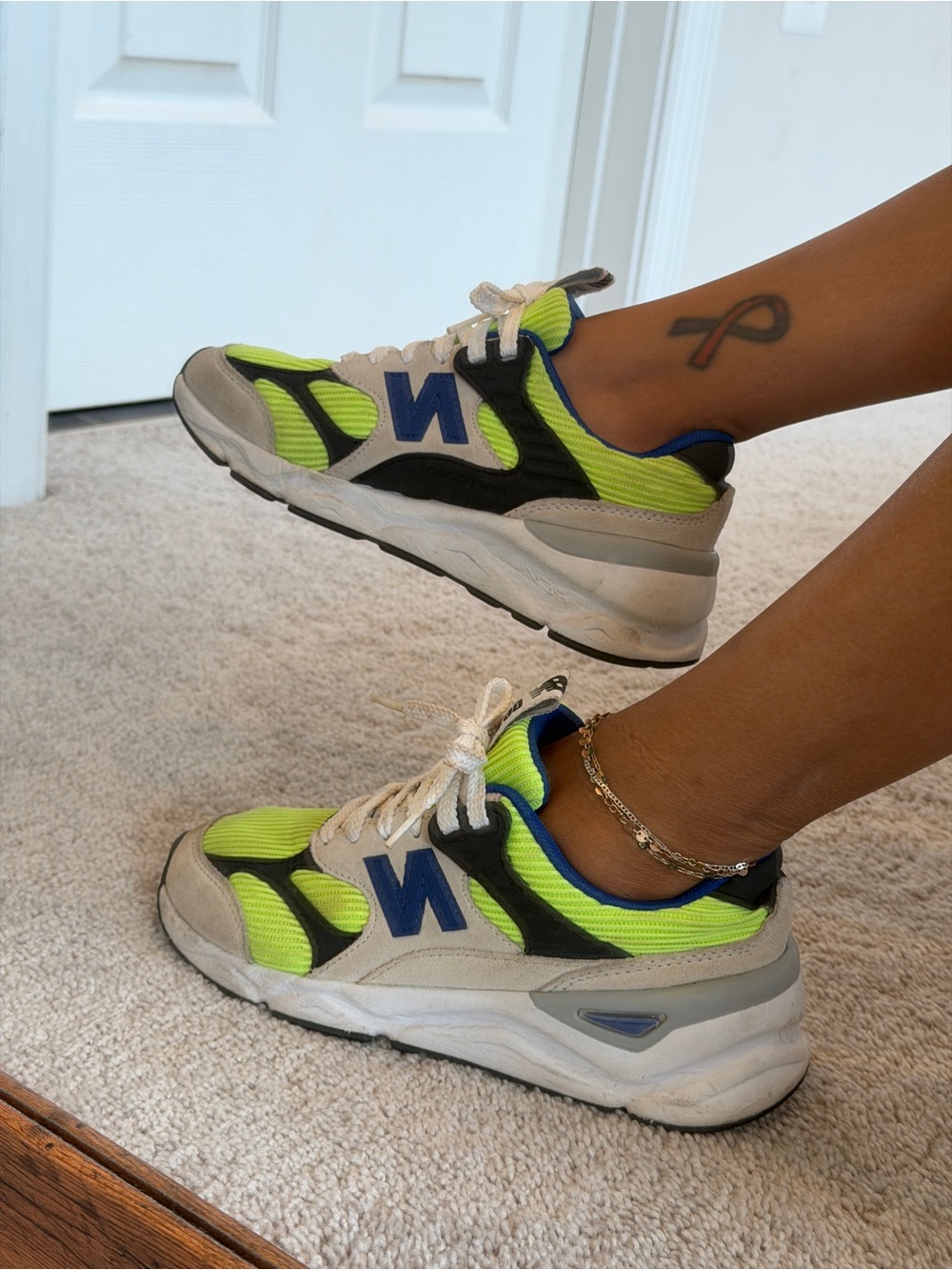New Balance X90 Neon Lime & Blue Retro Runner Sneakers